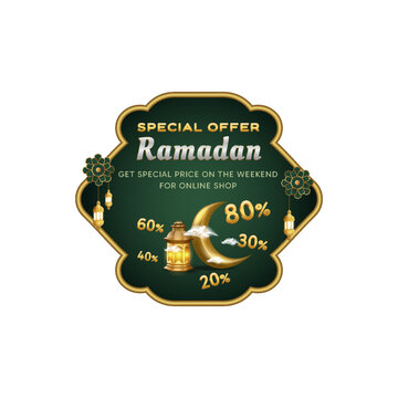 Ramadan islamic label, tags or emblem, lantern, decoration, moon, element for banner, flyer, voucher, brochure, digital marketing, and promotion. Holiday festive premium label vector illustration