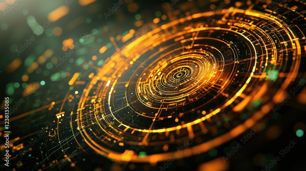 Aufkleber Abstract digital background with glowing circles and intricate tech patterns in vibrant orange and green tones
