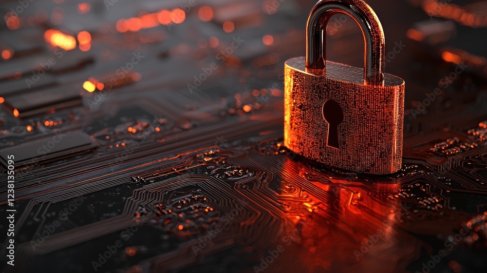 Poster Digital Security Lock on Circuit Board Illustrating Cyber Protection and Data Safety Techniques in Modern Technology