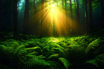 Obraz premium Sunbeams Illuminating Lush Fern Forest: A Magical Scene
