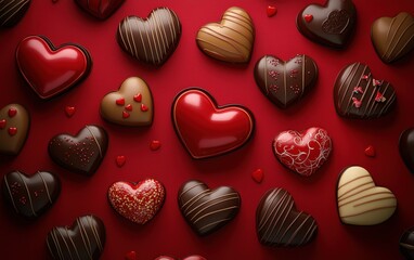 Obraz premium n assortment of colorful heart-shaped candies and chocolates, artistically arranged on a deep ruby-red-to-crimson gradient background. Valentines Day and 8 March theme