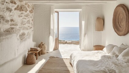 Bright bedroom with ocean view, stone wall, and natural textures.