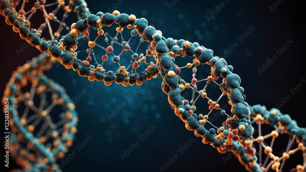 Poster detailed representation of a dna double helix structure showcasing molecular components against a da