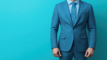 Elegant man in stylish blue suit with vibrant tie against bright turquoise background for modern business or fashion concept