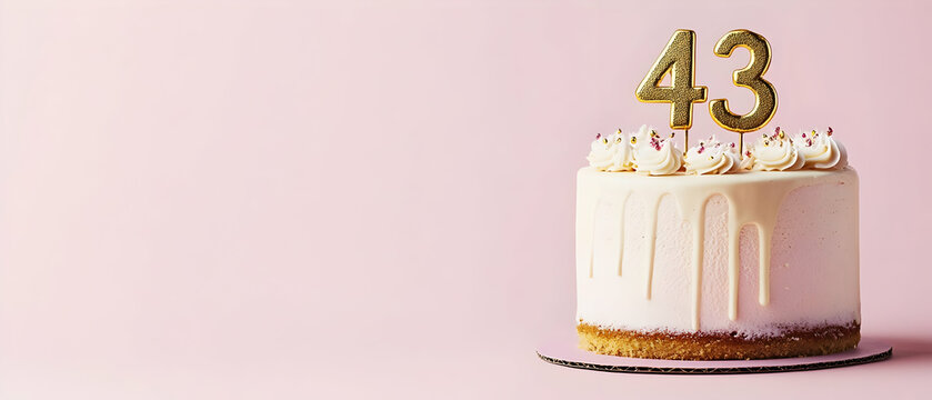 Happy Birthday 43th with gold letters on a light pink background