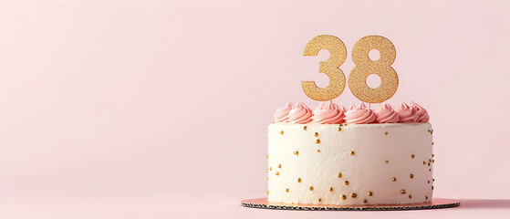 Happy Birthday 38th with gold letters on a light pink background