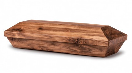 Handcrafted wooden coffin, studio shot, white background, funeral industry use