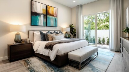 Modern Bright Bedroom with Stylish Decor and Relaxing Atmosphere