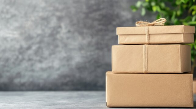 Stacked Brown Boxes on a Gray Table with a Green Plant Background for Gift or Packaging Concept
