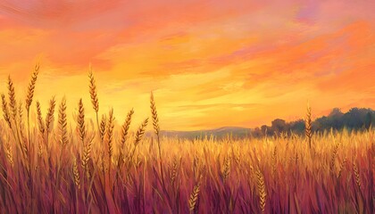 Naklejka premium Golden Wheat Field Sunset Landscape Painting