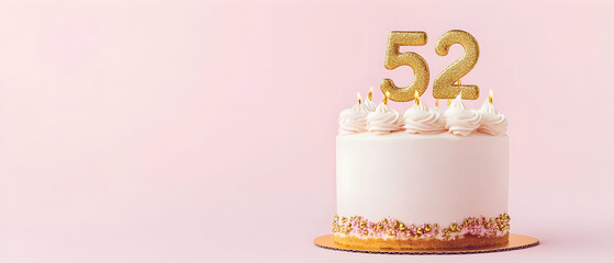 Happy Birthday 52th with gold letters on a light pink background