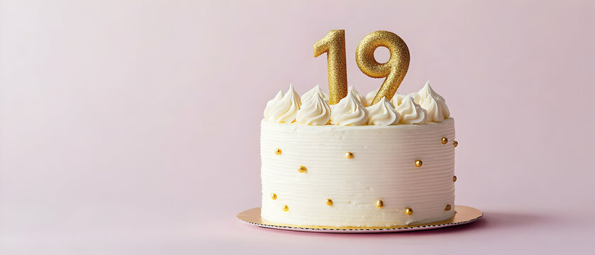 Happy Birthday 19th with gold letters on a light pink background
