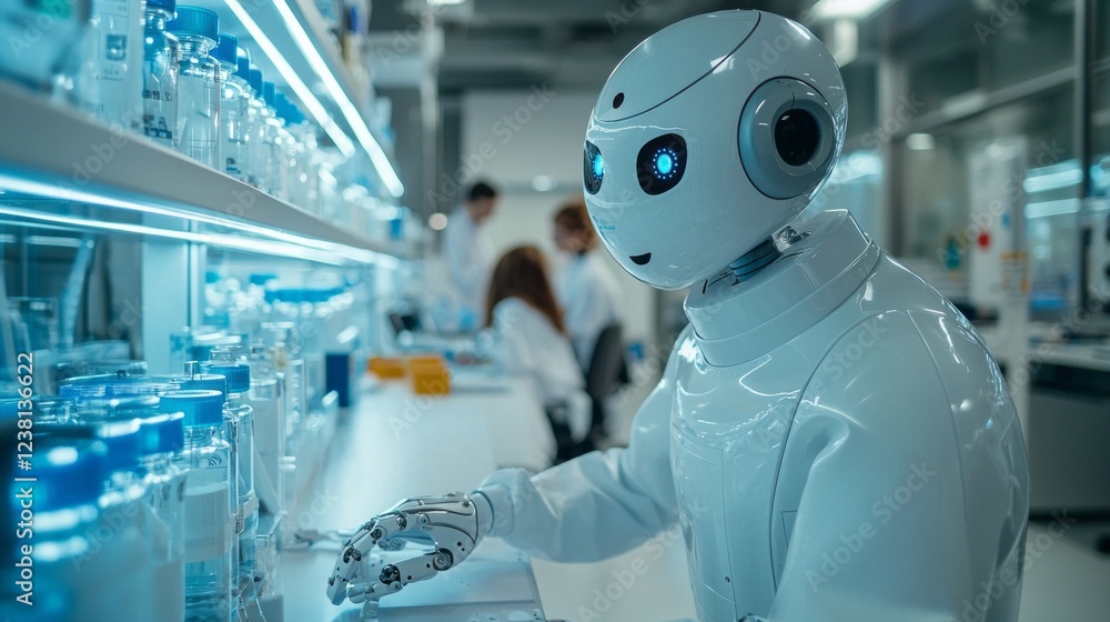 Poster In a futuristic lab, a sleek AI robot assists scientists with precision, managing experiments and data analysis, showcasing advancements in technology and research efficiency