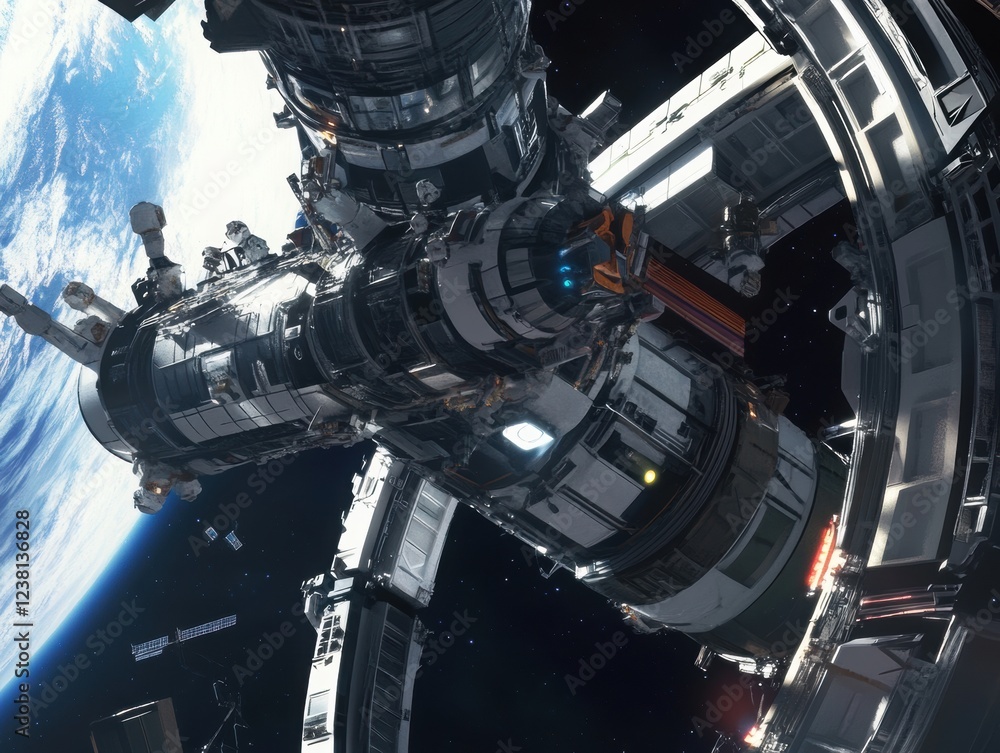 Poster a massive space station orbiting earth with humans and ai working together.