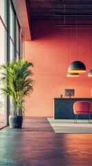 Modern Office Interior with Plant and Stylish Lighting in Pink Hue