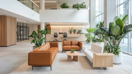 Modern Office Lobby with Comfortable Seating and Indoor Plants