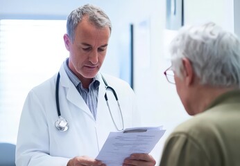 Fototapeta premium Caring doctor discusses health concerns with elderly patient in a bright clinic