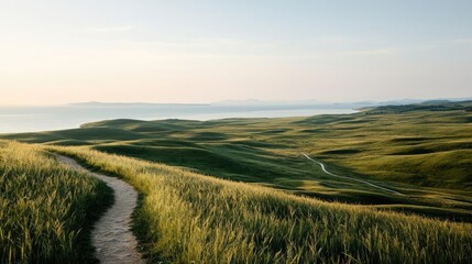 Fototapeta premium Coastal scenic nature idea. Serene hills and winding path under a soft sunrise, evoking peace and tranquility.