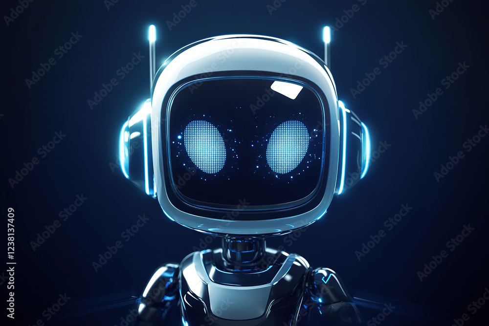 Poster futuristic robot with expressive face and glowing features in a dark setting
