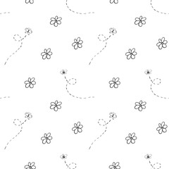 Seamless pattern of Doodle chamomile, bee and butterfly. Hand drawn simple illustration in monochrome black and white colors. Floral background with insect. Outline print for fabric, textile