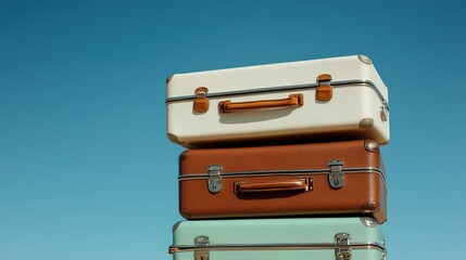 A stack of vintage suitcases against a clear blue sky, symbolizing travel and adventure.