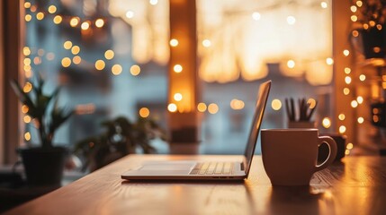 Cozy Workspace with Laptop and Coffee Cup at Sunset with Lights