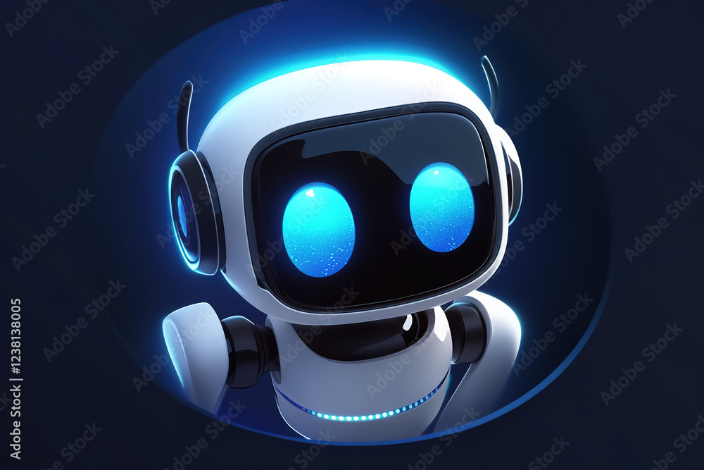Poster robot character with glowing eyes in a futuristic design against a dark background