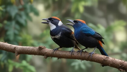 Obraz premium Pair of white shouldered tanagers feeding each other, mutual, bonding, mating
