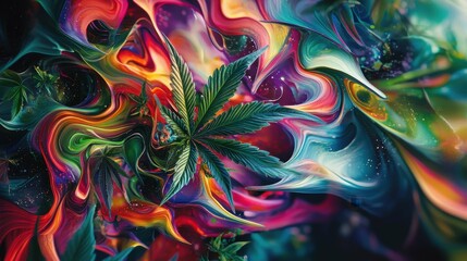 Obraz premium Colorful Abstract Background with Cannabis Leaf and Vibrant Swirls