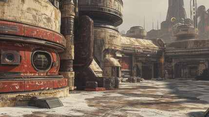 Futuristic industrial architecture with weathered metal structures, a sandy surface, and urban sci-fi elements