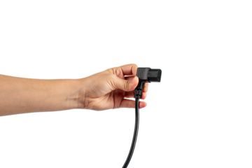 Electric plug on white background. Hand with plug isolated on transparent background.