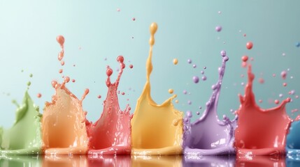 Rainbow paint splash explosion on reflective surface against pastel background; vibrant color concept for design