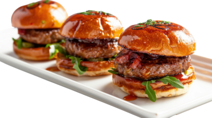 Delicious mini burgers resting on a white rectangular plate with transparent background