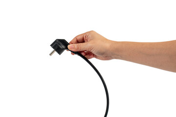 Electric plug on white background. Hand with plug isolated on transparent background.