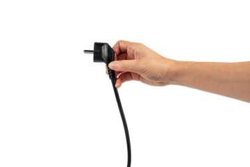 Electric plug on white background. Hand with plug isolated on transparent background.