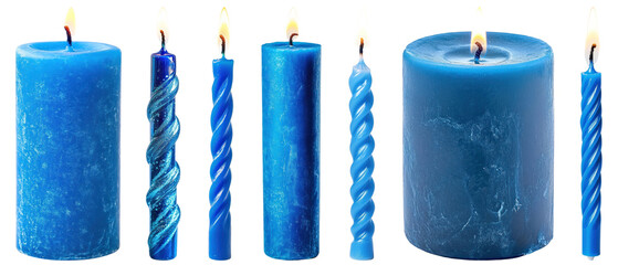 PNG Variety of blue candles displayed, element set on transparent background
