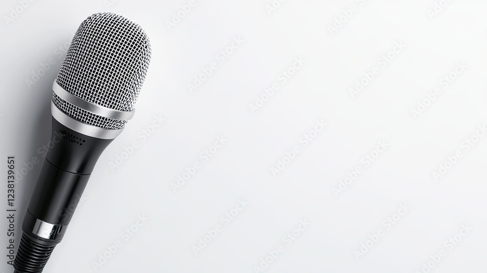 Poster microphone happy energy, close-up view of a professional microphone on a plain background for audio 
