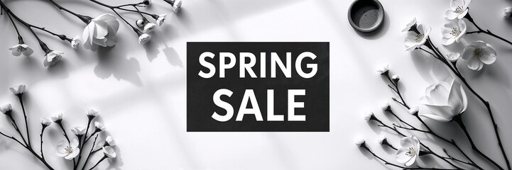 A classy and minimalistic spring sale banner in black and white with elegant floral elements. This monochromatic design is ideal for promoting high-end products, fashion campaigns