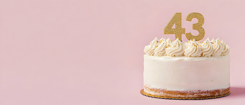 Happy Birthday 43th with gold letters on a light pink background