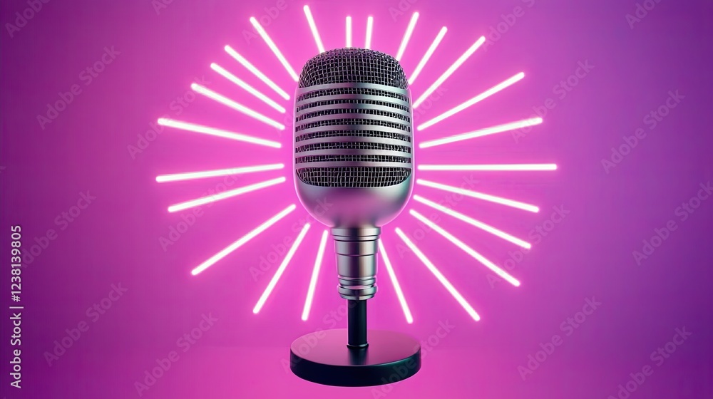 Poster microphone happy energy, retro microphone with neon lights creating vibrant background in studio set