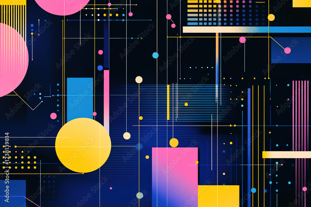 Poster abstract geometric patterns with bright colors in a dark background showcasing modern design element