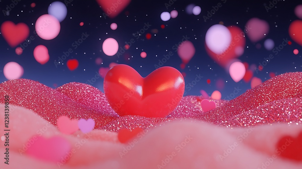 Poster shiny heart shimmering on sparkling red glitter background creating a romantic atmosphere