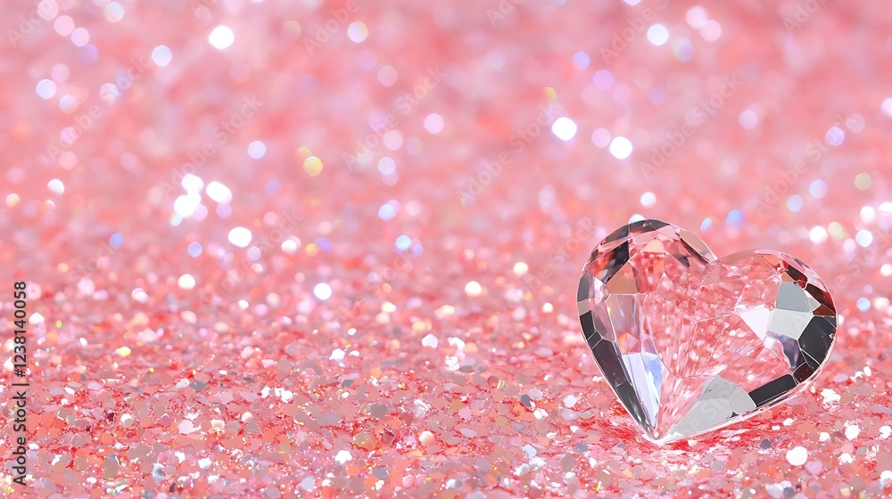 Poster shiny heart shimmering on sparkling red glitter background creating a romantic atmosphere