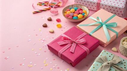 Obraz premium Pink background with beautifully wrapped gift boxes placed among various colored objects, gift boxes, home decor, patterned fabric