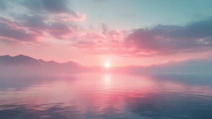 Obraz premium Serene Sunset Reflected in Calm Water Over Misty Mountain Landscape