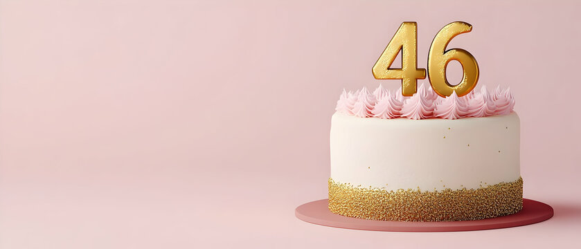 Happy Birthday 46th with gold letters on a light pink background