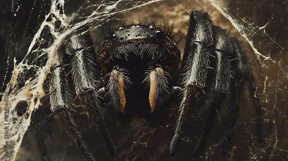 Wall mural a close-up encounter with a dark spider in its web