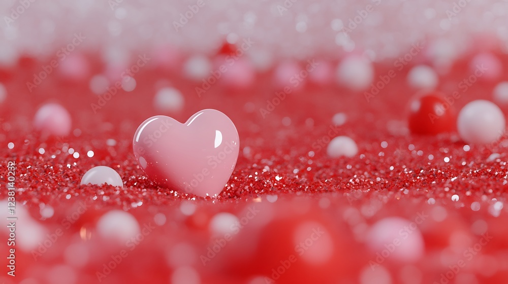 Poster shiny heart shimmering on sparkling red glitter background creating a romantic atmosphere