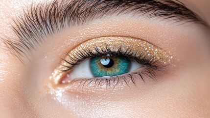 Obraz premium Close-up of a sparkling eye with golden makeup and vibrant teal iris.