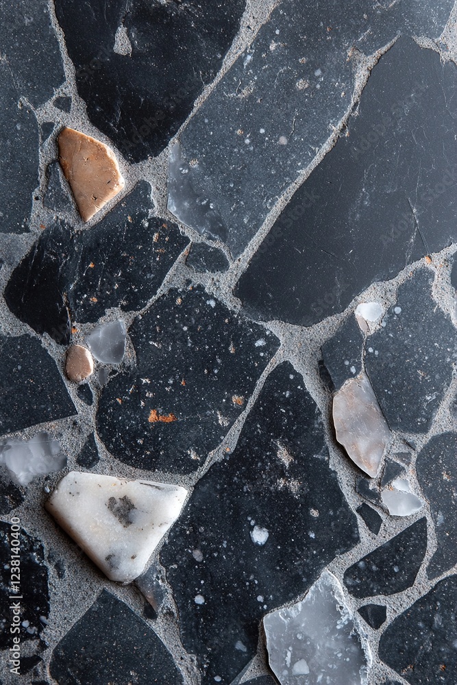 Aufkleber a polished surface features a matte black terrazzo with subtle gray and white specks, creating a chi
